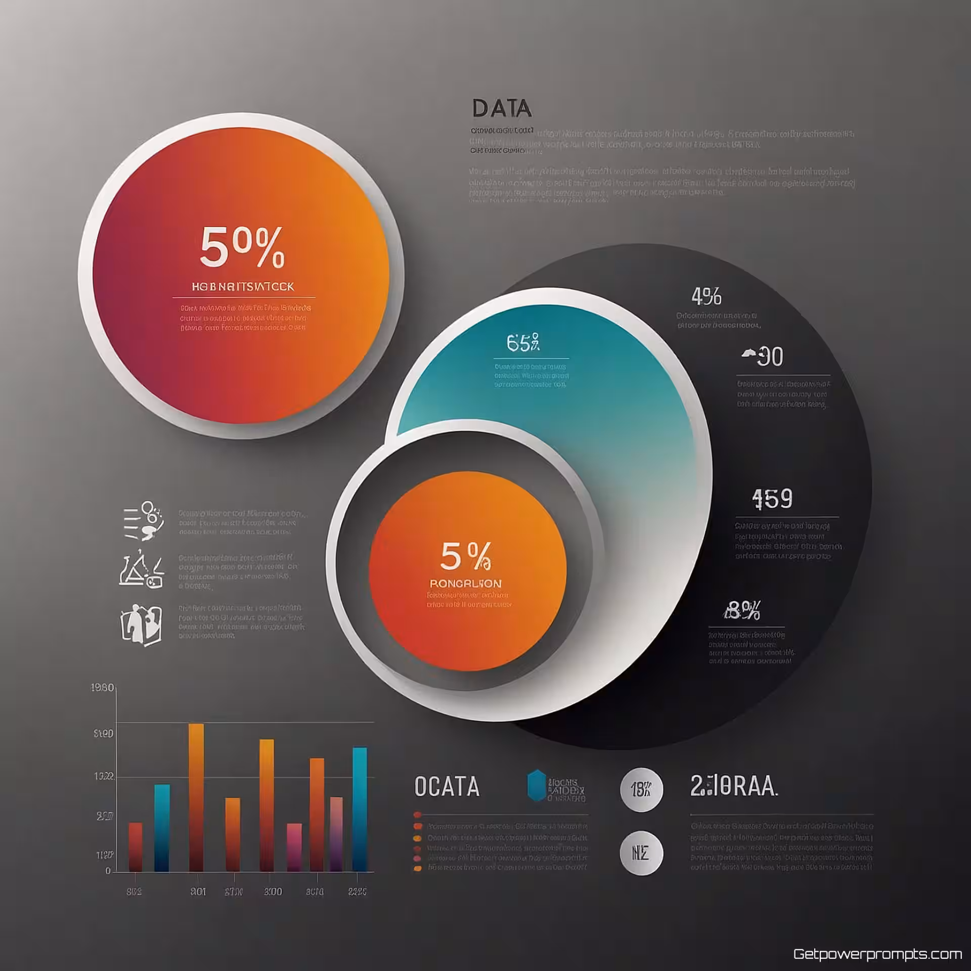 Datavergelijking, creatieve illustratie infographic ontwerp, cirkelvormig ontwerp lay-out, monochroom kleurenschema, gradient achtergrond, data visualisatie elementen, schone typografie, professionele presentatiestijl, moderne informatieontwerp