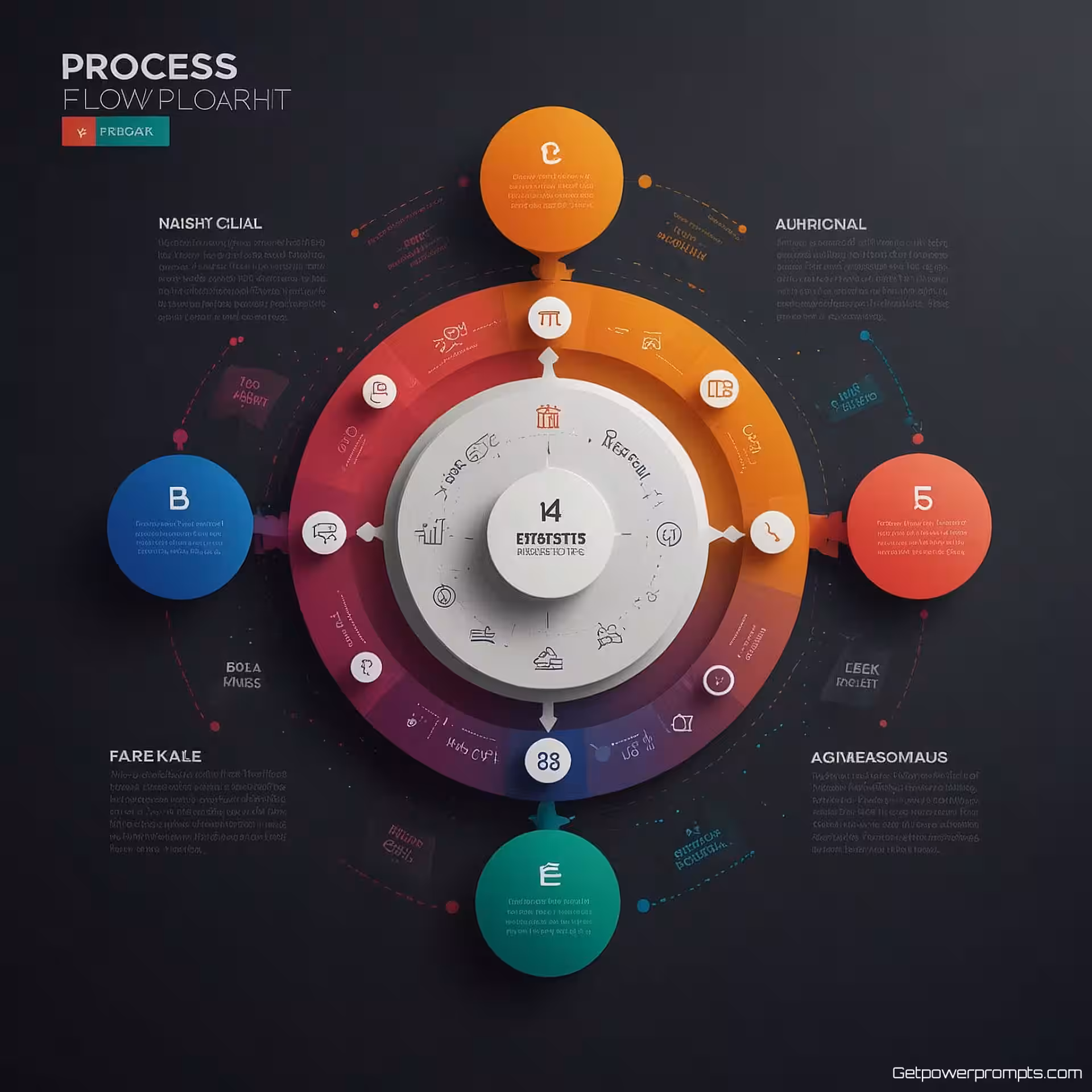 Processtroomschema, minimalistisch infographic ontwerp, cirkelvormig ontwerp lay-out, levendige kleuren kleurenschema, gradient achtergrond, data visualisatie elementen, schone typografie, professionele presentatiestijl, moderne informatieontwerp