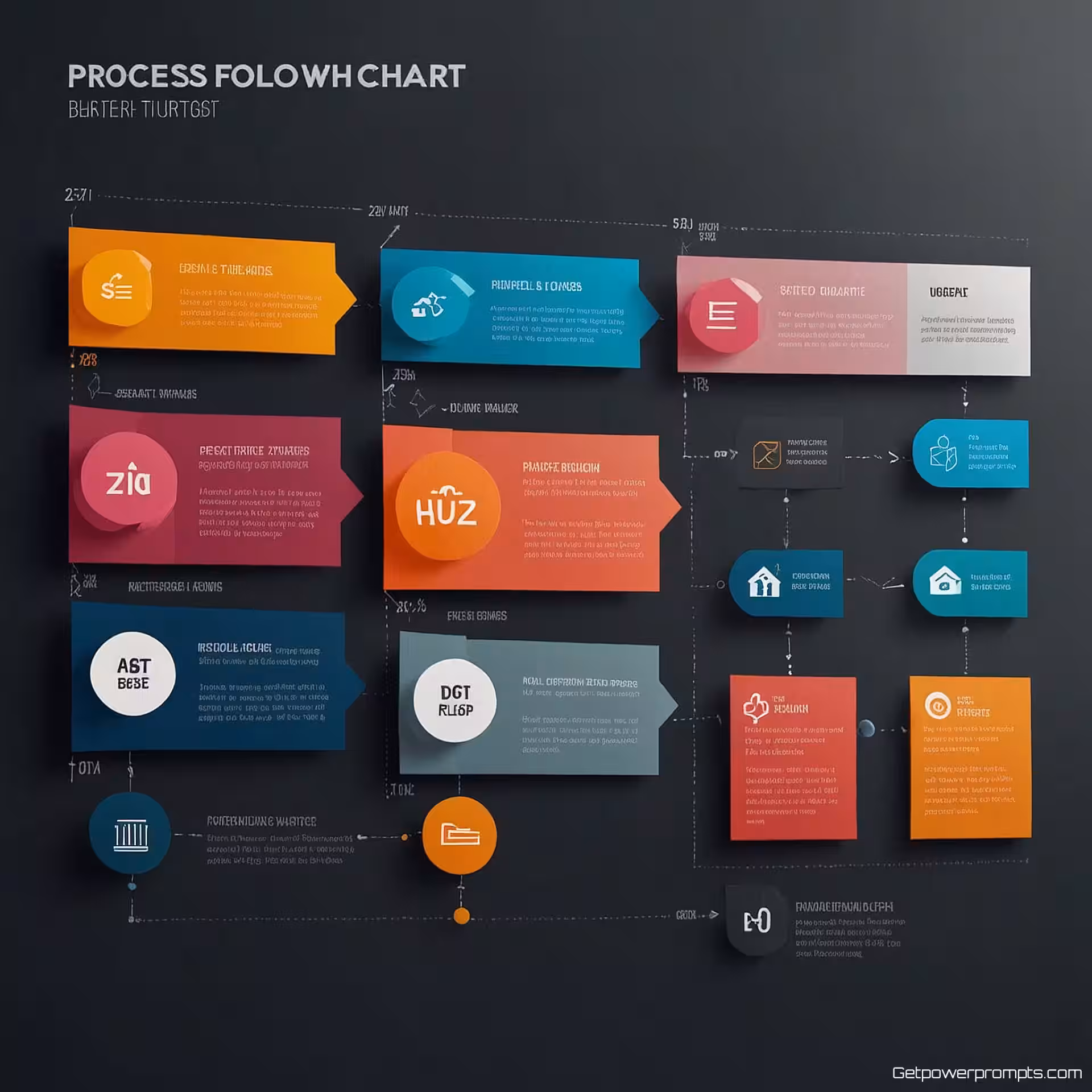 Processtroomschema, modern zakelijk infographic ontwerp, cirkelvormig ontwerp lay-out, levendige kleuren kleurenschema, patroon achtergrond, data visualisatie elementen, schone typografie, professionele presentatiestijl, moderne informatieontwerp