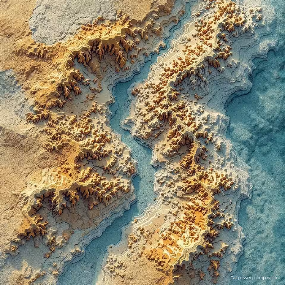 Kusterosiepatronen, geografische datavisualisatie, fotorealistisch, natuurlijk daglicht verlichting, vogelperspectief perspectief, natuurlijke kleuren, topografische kartering, terreinmodellering, hoogtedata, cartografische esthetiek, gedetailleerde oppervlaktetexturen, ruimtelijke analyseweergave
