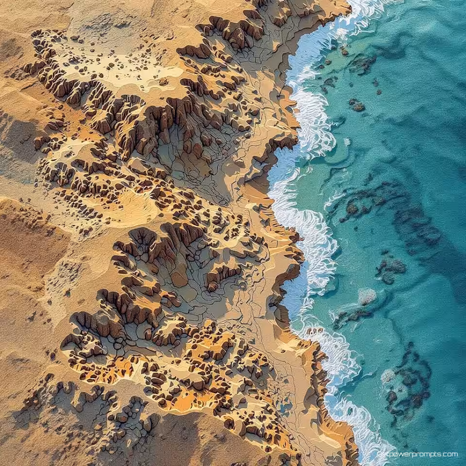 Kusterosiepatronen, geografische datavisualisatie, fotorealistisch, natuurlijk daglicht verlichting, vogelperspectief perspectief, natuurlijke kleuren, topografische kartering, terreinmodellering, hoogtedata, cartografische esthetiek, gedetailleerde oppervlaktetexturen, ruimtelijke analyseweergave