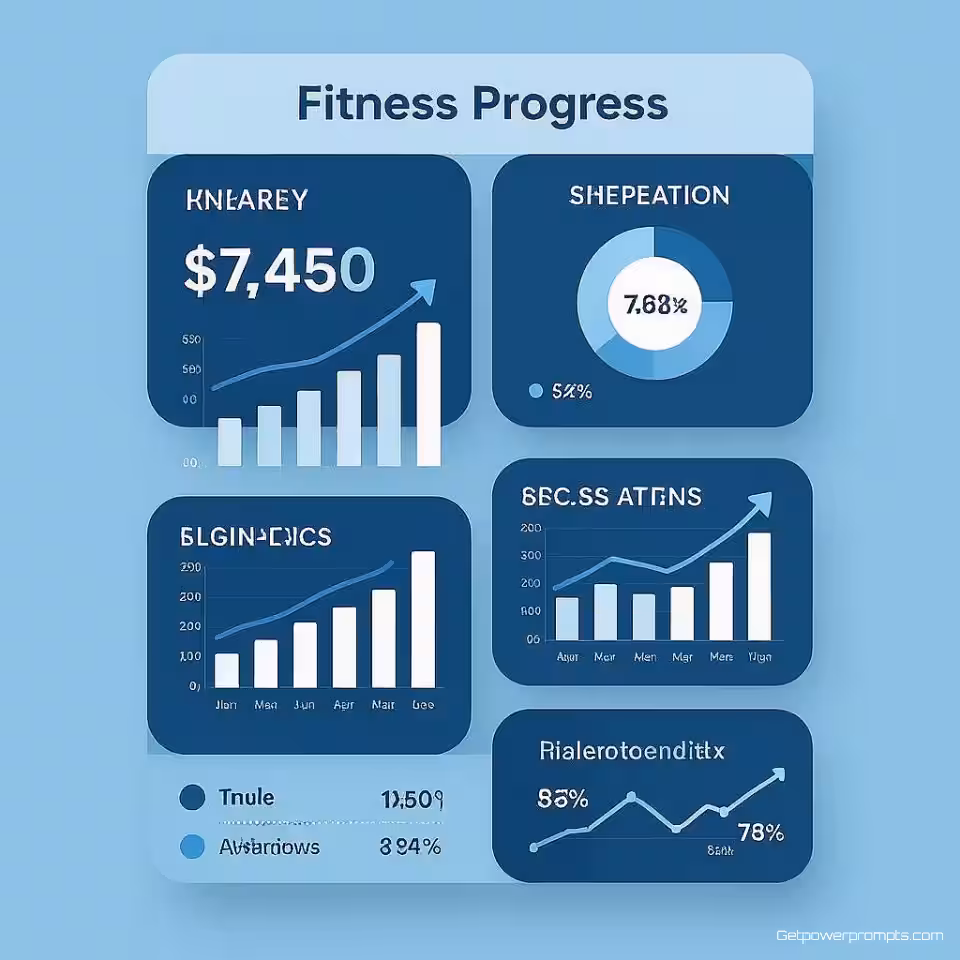 Fitness voortgangsvolging, infographic visualisatie, schone lijnen, eenvoudige grafieken, professionele blauwe tinten, centrale focus met ondersteunende elementen perspectief, zacht natuurlijk licht verlichting, data-gedreven ontwerp, statistische grafieken, informatiehiërarchie, visuele verhaalvertelling, educatieve duidelijkheid, moderne infographic esthetiek