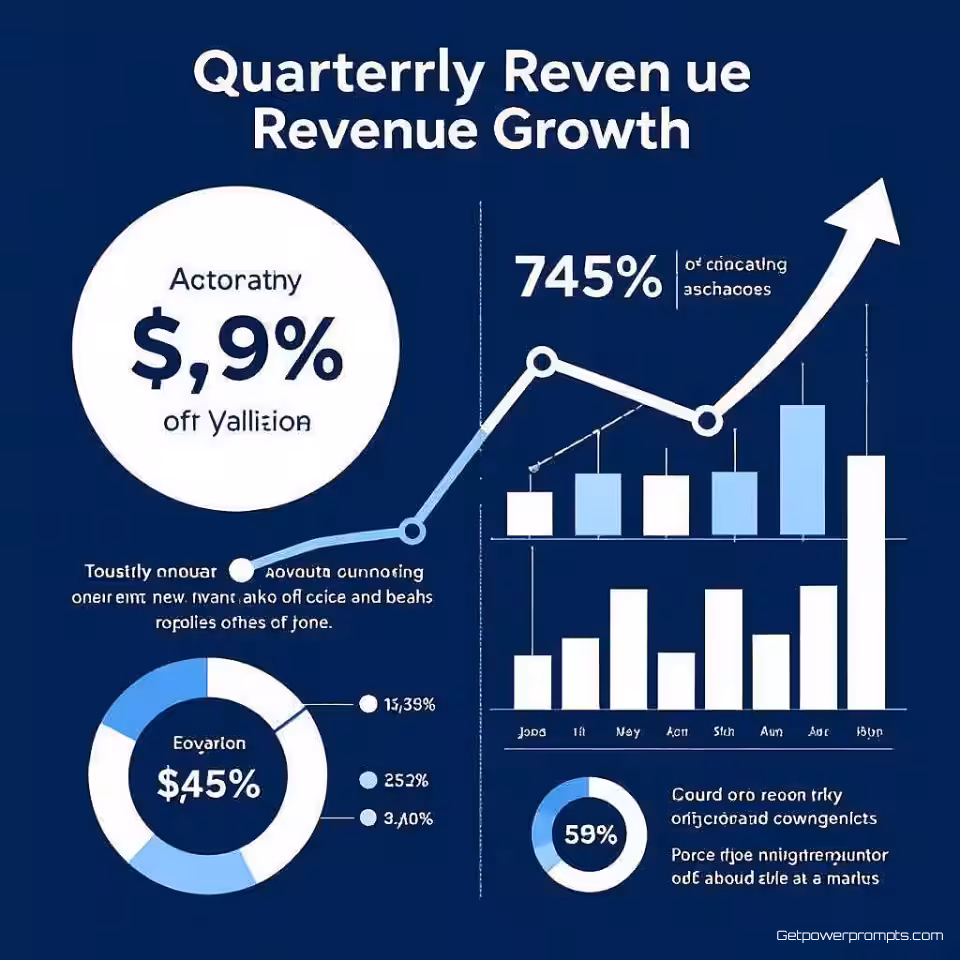 Kwartaalomzetgroei, infographic visualisatie, schone lijnen, eenvoudige grafieken, professionele blauwe tinten, centrale focus met ondersteunende elementen perspectief, zacht natuurlijk licht verlichting, data-gedreven ontwerp, statistische grafieken, informatiehiërarchie, visuele verhaalvertelling, educatieve duidelijkheid, moderne infographic esthetiek