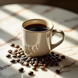 Ambachtelijke koffiemok en bonen, flat lay fotografie, digitale illustratie, marmeren oppervlak achtergrond, natuurlijk zonlicht verlichting, vogelperspectief perspectief, pastelkleuren, Instagram esthetiek, samengestelde opstelling, lifestyle styling, ondiepe scherptediepte, zachte schaduwen, visueel aantrekkelijke compositie