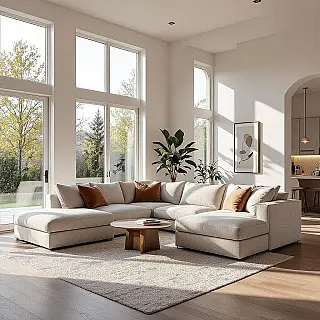 Hedendaagse woonkamer met hoekbank, architectuurfotografie, fotorealistisch, groothoekperspectief perspectief, natuurlijk daglicht verlichting, effen witte achtergrond achtergrond, neutraal kleurenpalet, Instagram esthetiek, schone lijnen, geometrische compositie, professionele styling, ondiepe scherptediepte, modern interieurontwerp, architectonische details, social media optimalisatie