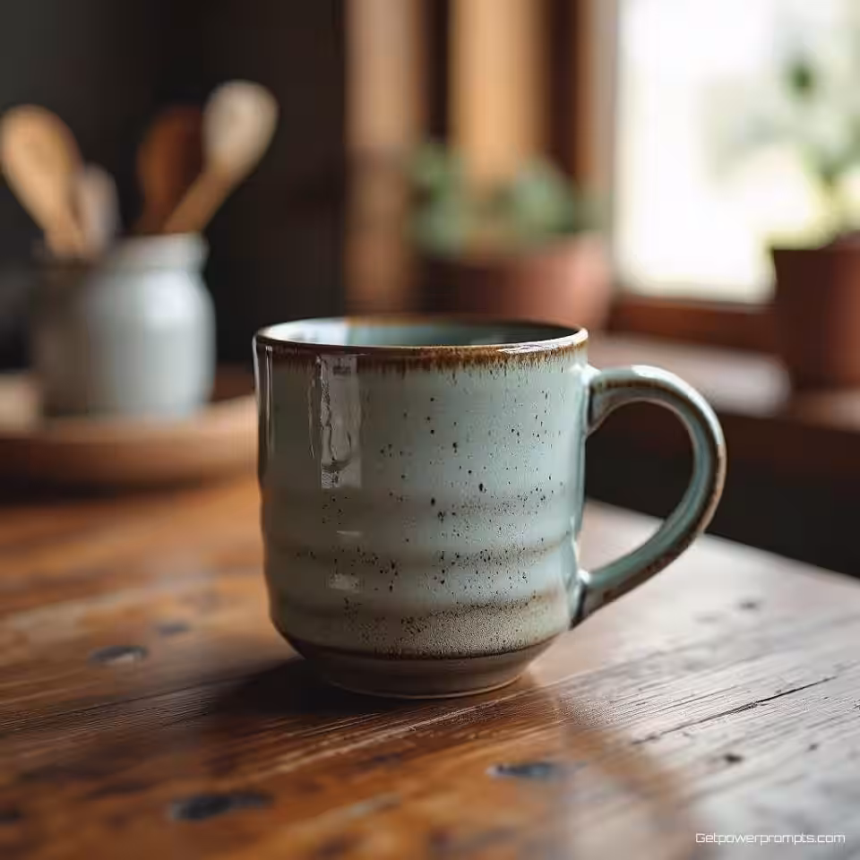 Handgemaakte keramische mok, authentieke merkverhaal fotografie, close-up perspectief, natuurlijk omgevingslicht belichting, minimalistisch achtergrond, aards en neutraal, ondiepe scherptediepte, Instagram story formaat, behind-the-scenes esthetiek, oprecht merkverhaal, zachte achtergrondfocus, boeiende visuele verhaalvertelling, mobiel-geoptimaliseerde lay-out