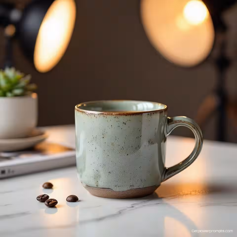 Ambachtelijke keramische koffiemok, fotorealistisch, studio achtergrond achtergrond, studioverlichting verlichting, close-up perspectief, aards kleurenpalet, Instagram carrouselformaat, productpresentatie esthetiek, samenhangend visueel verhaal, scroll-stop aantrekkingskracht, professionele styling, commerciële kwaliteit, boeiende sociale media inhoud