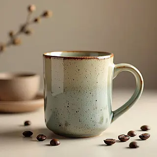 Ambachtelijke keramische koffiemok, 3D-rendering, studio achtergrond achtergrond, studioverlichting verlichting, close-up perspectief, aards kleurenpalet, Instagram carrouselformaat, productpresentatie esthetiek, samenhangend visueel verhaal, scroll-stop aantrekkingskracht, professionele styling, commerciële kwaliteit, boeiende sociale media inhoud