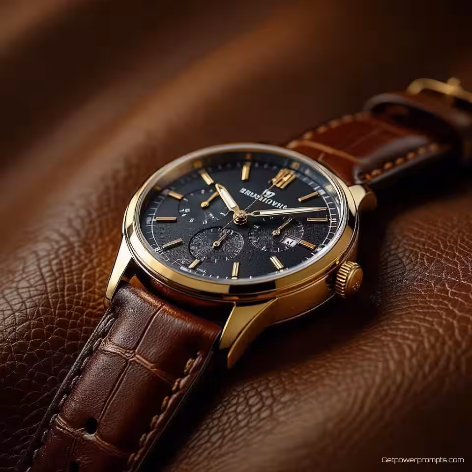 Minimalistisch leren horloge, fotorealistisch, studio achtergrond achtergrond, studioverlichting verlichting, close-up perspectief, aards kleurenpalet, Instagram carrouselformaat, productpresentatie esthetiek, samenhangend visueel verhaal, scroll-stop aantrekkingskracht, professionele styling, commerciële kwaliteit, boeiende sociale media inhoud