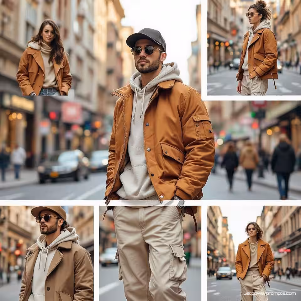 Urbane straatmode, fotorealistisch, close-up perspectief perspectief, aardse kleurenpalet kleurenschema, gezellige sfeer atmosfeer, Instagram carrouselformaat, boeiend visueel verhaal, scroll-stop esthetiek, samenhangende merkbeeldvorming, social media optimalisatie