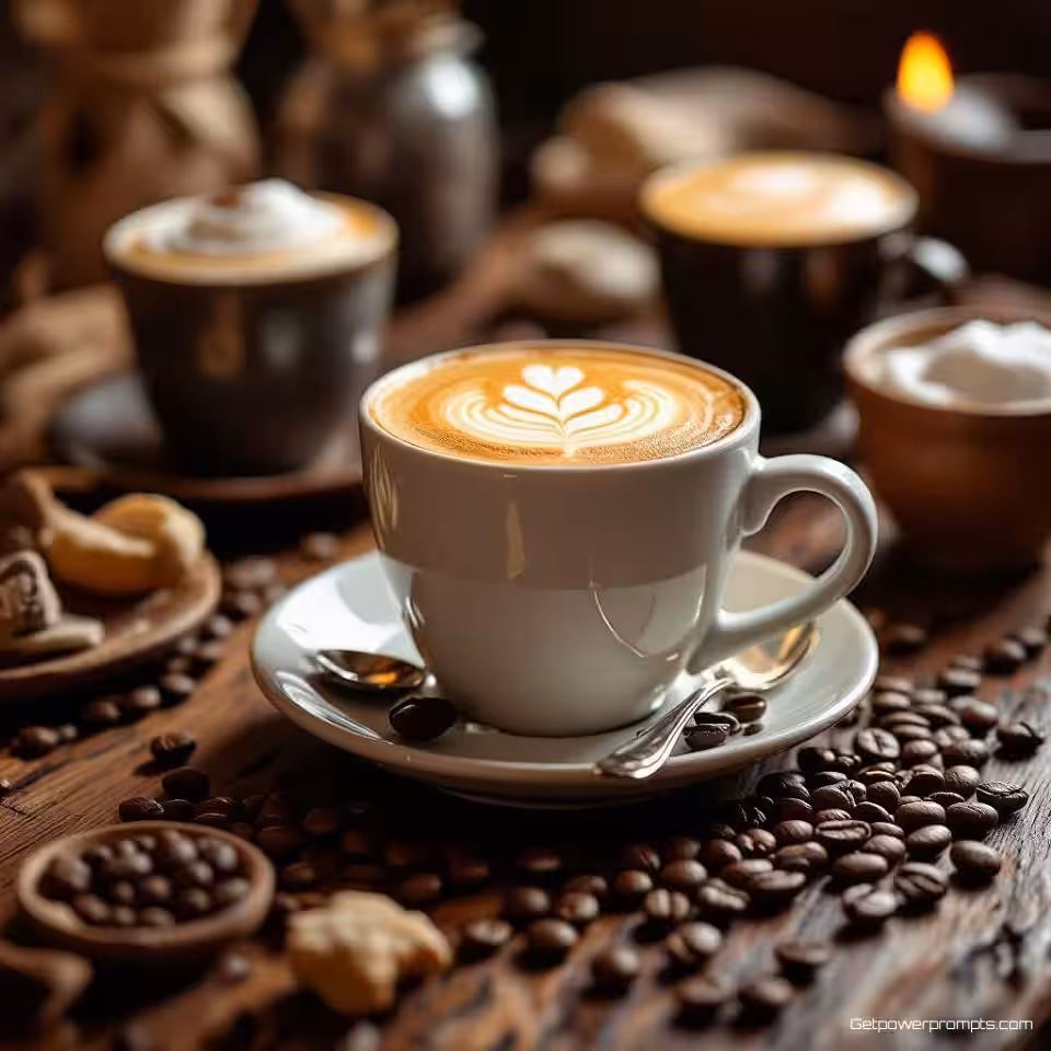 Ambachtelijke koffieproducten, fotorealistisch, close-up perspectief perspectief, aardse kleurenpalet kleurenschema, gezellige sfeer atmosfeer, Instagram carrouselformaat, boeiend visueel verhaal, scroll-stop esthetiek, samenhangende merkbeeldvorming, social media optimalisatie