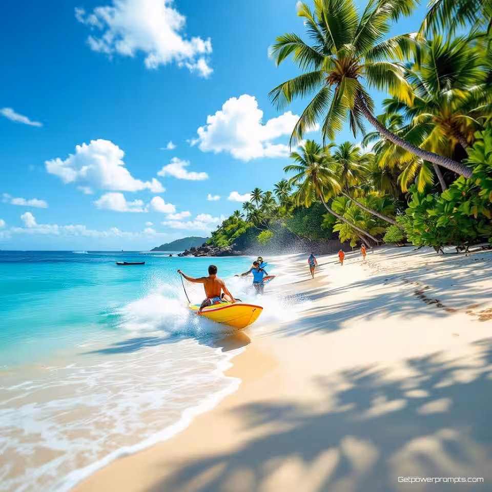 Tropische strandbestemming, fotorealistisch, dynamische bewegingsonscherpte, actieshot perspectief, levendig, energiek atmosfeer, Instagram Reels-formaat, cinematografische beweging, aantrekkelijke videominiatuur esthetiek, social media storytelling, trending visuele inhoud