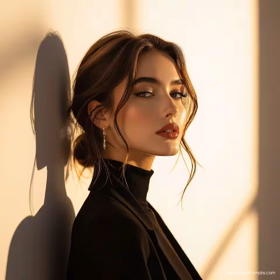 Mode model, cinematische portretfotografie, studio achtergrond achtergrond, dramatische zijbelichting belichting, close-up perspectief, aards kleurenschema, Instagram story formaat, dramatische sfeer, ondiepe scherptediepte, professionele styling, sociale media esthetiek, boeiend visueel verhaal