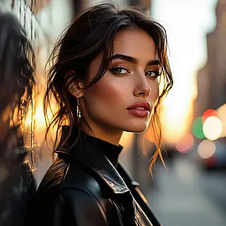 Mode model, cinematische portretfotografie, stedelijke omgeving achtergrond, dramatische zijbelichting belichting, close-up perspectief, aards kleurenschema, Instagram story formaat, dramatische sfeer, ondiepe scherptediepte, professionele styling, sociale media esthetiek, boeiend visueel verhaal