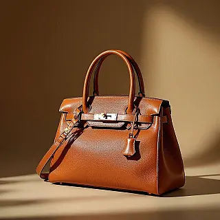 Designer handtas, modefotografie, fotorealistisch, volledig lichaam perspectief, zacht natuurlijk licht belichting, effen kleur achtergrond, aards, ondiepe scherptediepte, Instagram story-formaat, redactionele esthetiek, zachte achtergrondfocus, professionele styling, sociale media mode-inhoud