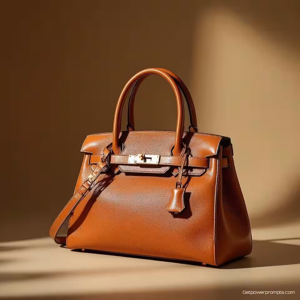 Designer handtas, modefotografie, fotorealistisch, volledig lichaam perspectief, zacht natuurlijk licht belichting, effen kleur achtergrond, aards, ondiepe scherptediepte, Instagram story-formaat, redactionele esthetiek, zachte achtergrondfocus, professionele styling, sociale media mode-inhoud