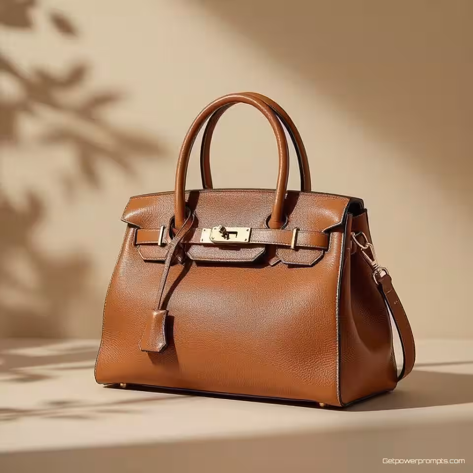Designer handtas, modefotografie, fotorealistisch, volledig lichaam perspectief, zacht natuurlijk licht belichting, effen kleur achtergrond, aards, ondiepe scherptediepte, Instagram story-formaat, redactionele esthetiek, zachte achtergrondfocus, professionele styling, sociale media mode-inhoud