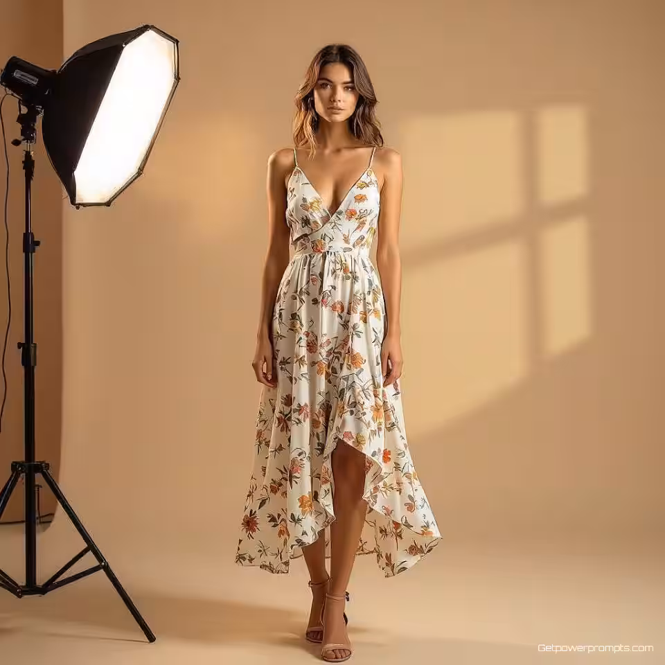 Zomerjurk, modefotografie, fotorealistisch, volledig lichaam perspectief, zacht natuurlijk licht belichting, effen kleur achtergrond, aards, ondiepe scherptediepte, Instagram story-formaat, redactionele esthetiek, zachte achtergrondfocus, professionele styling, sociale media mode-inhoud