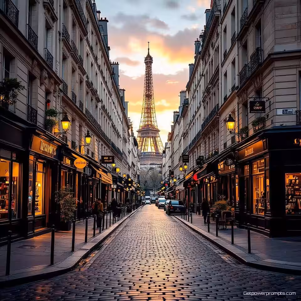 Parijse straat, reisfotografie, fotorealistisch, groothoek perspectief, gouden uur belichting, stedelijke achtergrond achtergrond, aards kleurenpalet, ondiepe scherptediepte, wanderlust esthetiek, Instagram feed optimalisatie, authentieke reiservaring, culturele onderdompeling, professionele reisinhoud, sociale media wanderlust