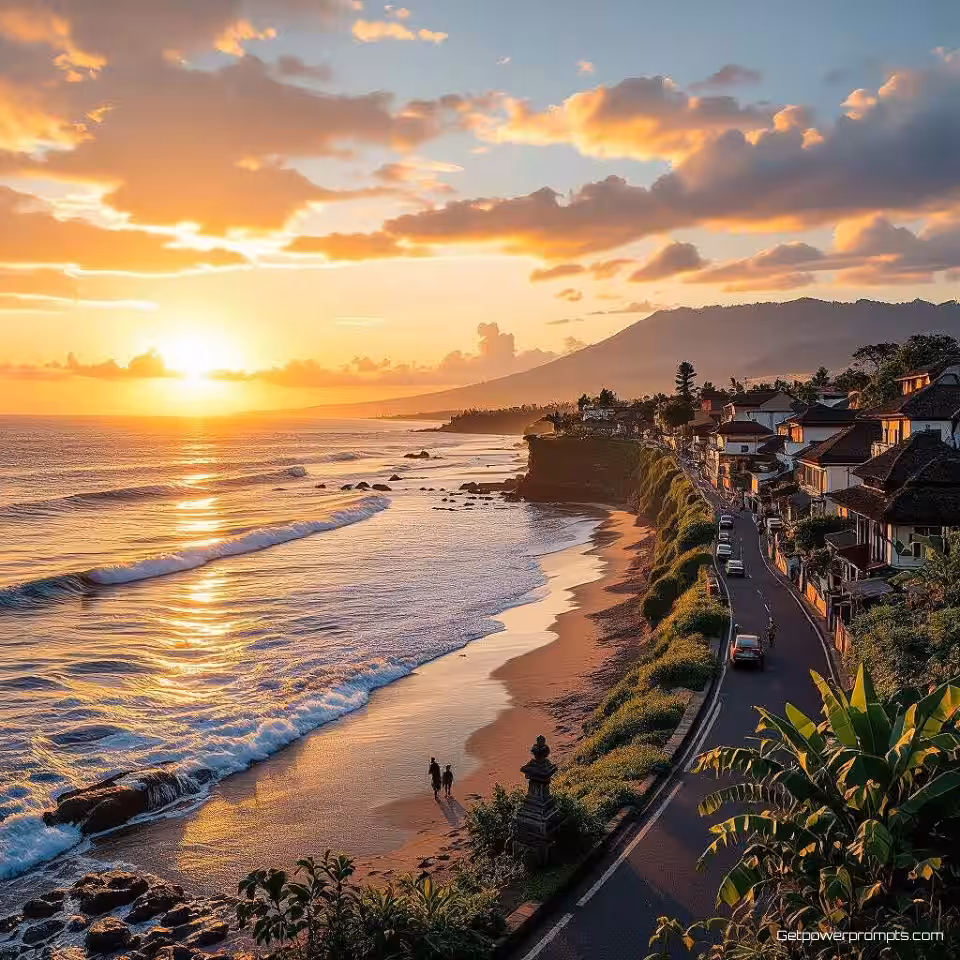 Bali kustlijn, reisfotografie, fotorealistisch, groothoek perspectief, gouden uur belichting, stedelijke achtergrond achtergrond, aards kleurenpalet, ondiepe scherptediepte, wanderlust esthetiek, Instagram feed optimalisatie, authentieke reiservaring, culturele onderdompeling, professionele reisinhoud, sociale media wanderlust