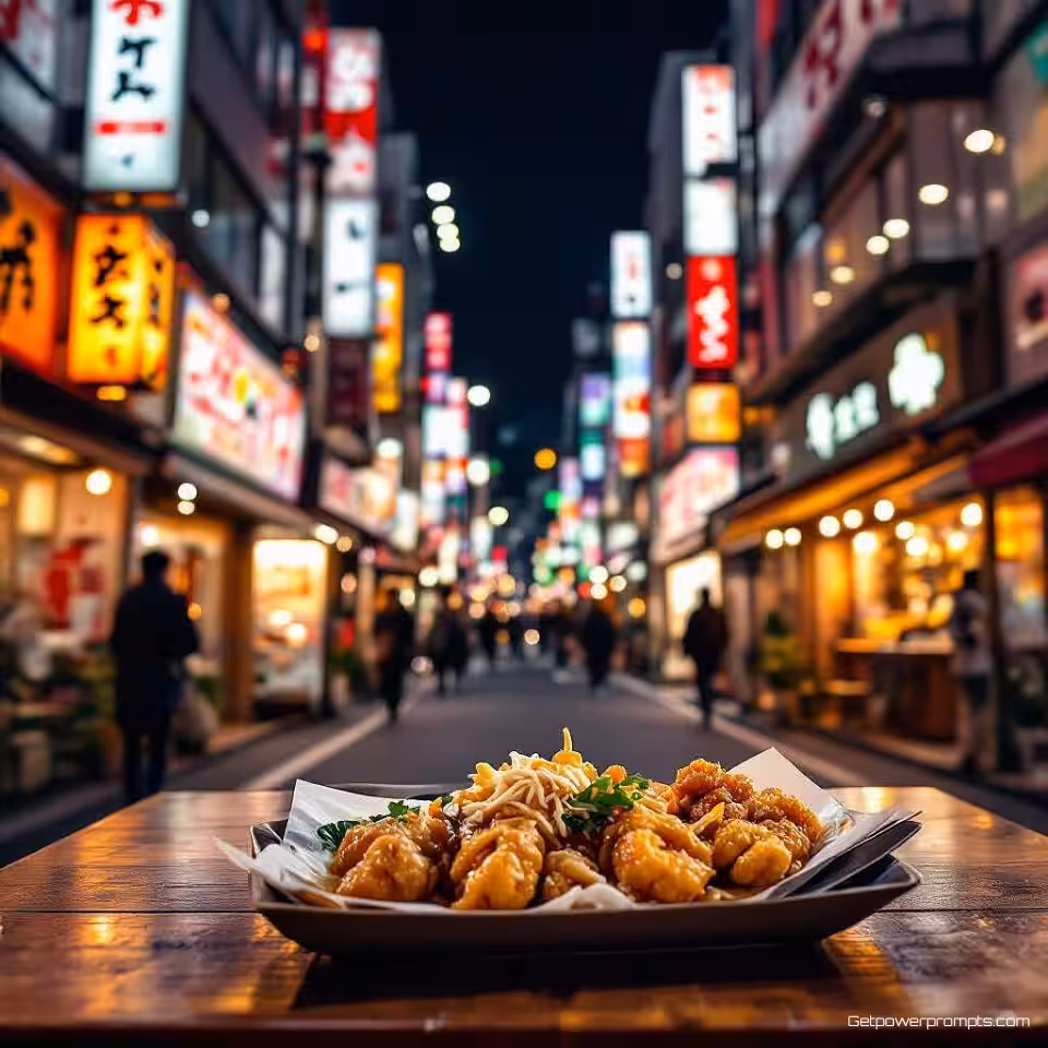 Tokyo straateten, reisfotografie, fotorealistisch, groothoek perspectief, gouden uur belichting, stedelijke achtergrond achtergrond, aards kleurenpalet, ondiepe scherptediepte, wanderlust esthetiek, Instagram feed optimalisatie, authentieke reiservaring, culturele onderdompeling, professionele reisinhoud, sociale media wanderlust