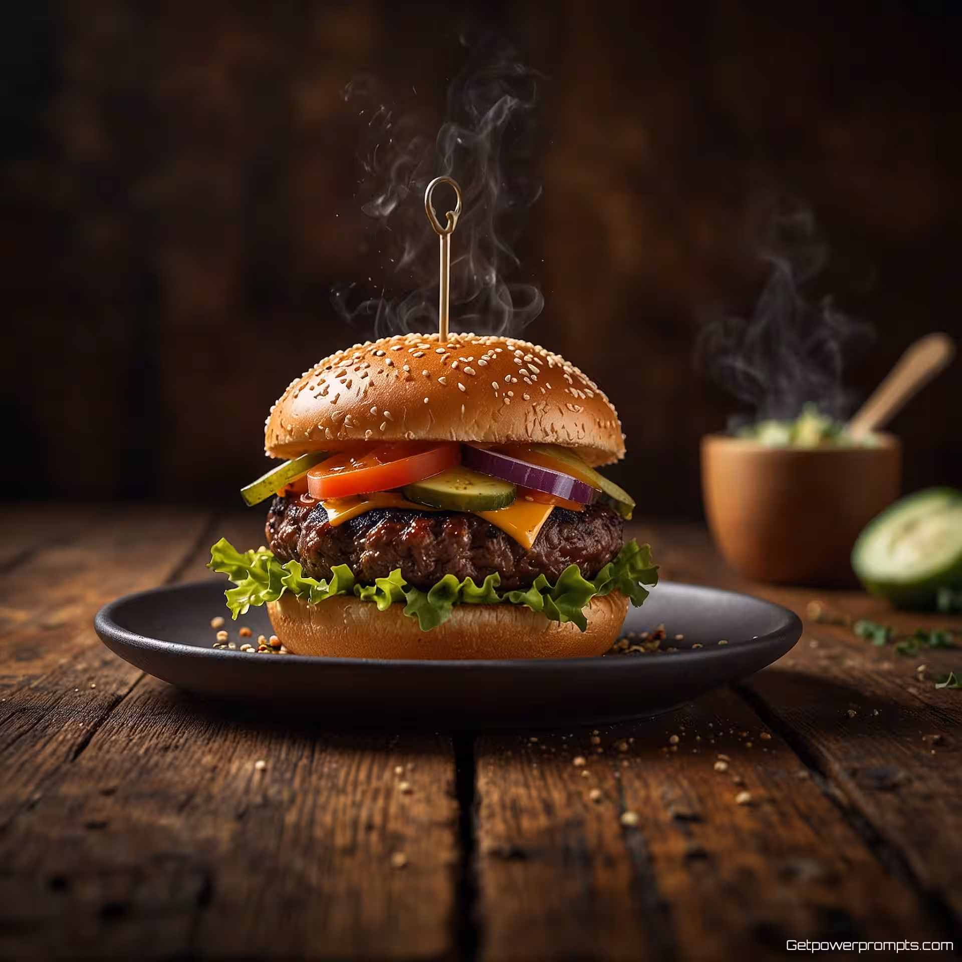 Gourmetburger, watertandende voedselfotografie, modern minimalistisch, houten tafel achtergrond, studiobelichting verlichting, bovenaanzicht perspectief, opstijgende stoom, verse ingrediënten, levendige kleuren, ondiepe scherptediepte, Instagram story-formaat, smakelijke esthetiek