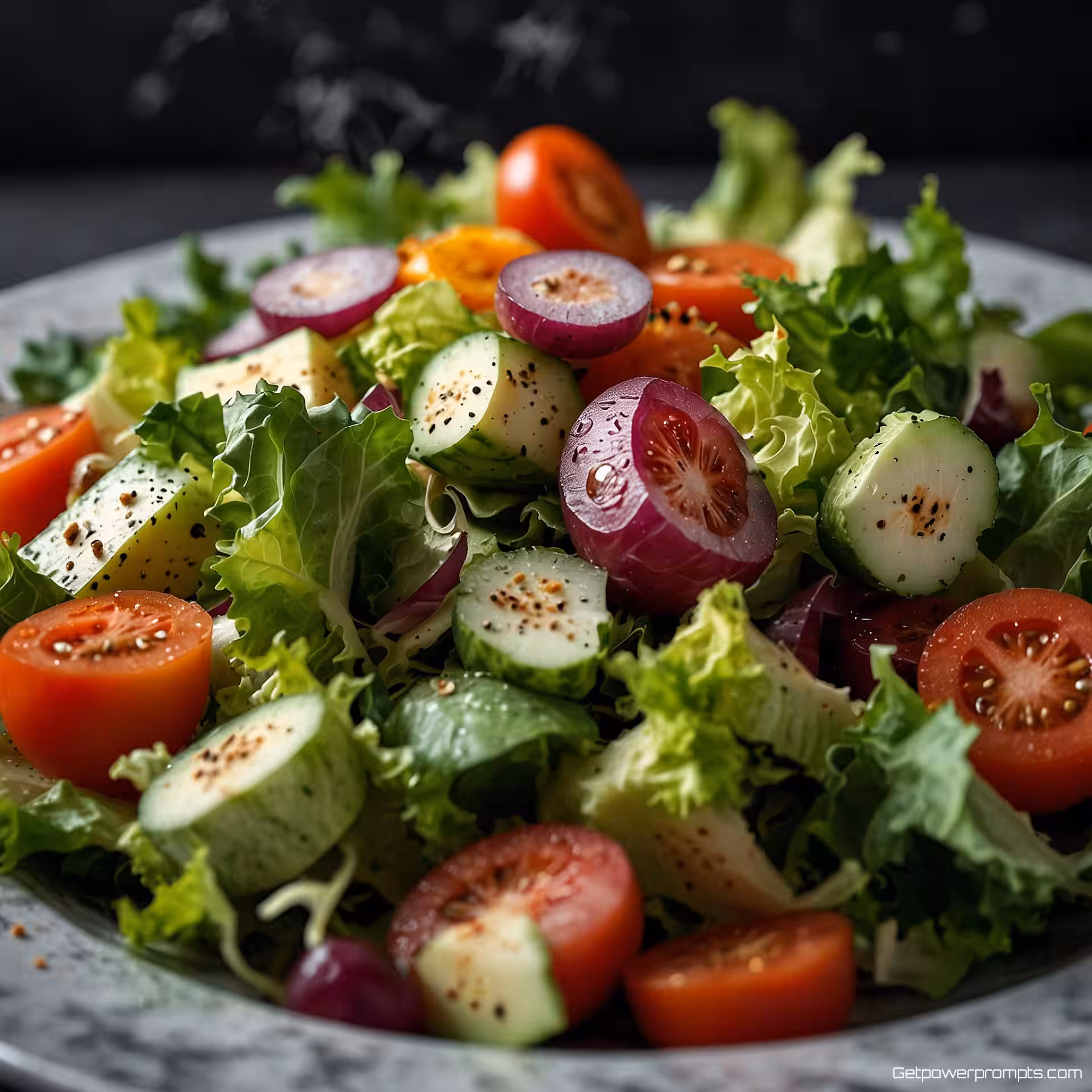 Verse salade, watertandende voedselfotografie, fotorealistisch, marmeren oppervlak achtergrond, natuurlijke verlichting verlichting, diagonaal perspectief, opstijgende stoom, verse ingrediënten, levendige kleuren, ondiepe scherptediepte, Instagram story-formaat, smakelijke esthetiek