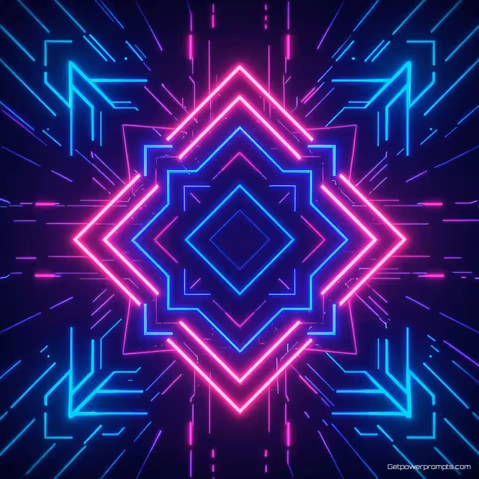 Geometrisch patroon, digitale illustratie neon ontwerp, energiek sfeer, donker verloop achtergrond, neon gloed verlichting, elektrisch blauw en roze, Instagram story formaat, gloeiend effect, levendige neonkleuren, moderne esthetiek, ondiepe scherptediepte, elektrische gloed, hedendaags ontwerp