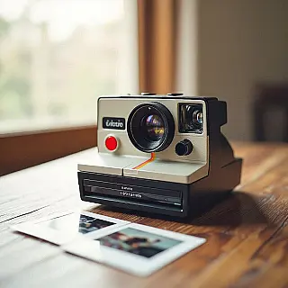 Vintage filmcamera, retro polaroid fotografie, nostalgisch sfeer, houten tafel achtergrond, zacht natuurlijk licht verlichting, instant film esthetiek, polaroid kader, vintage filter, Instagram story formaat, nostalgische compositie, ondiepe scherptediepte, authentiek moment