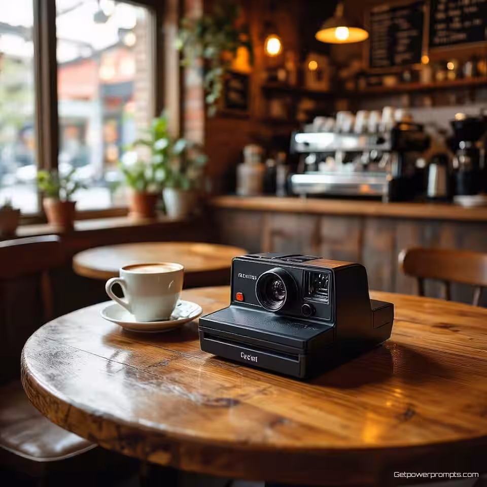 Gezellige koffiebar hoek, retro polaroid fotografie, nostalgisch sfeer, houten tafel achtergrond, zacht natuurlijk licht verlichting, instant film esthetiek, polaroid kader, vintage filter, Instagram story formaat, nostalgische compositie, ondiepe scherptediepte, authentiek moment