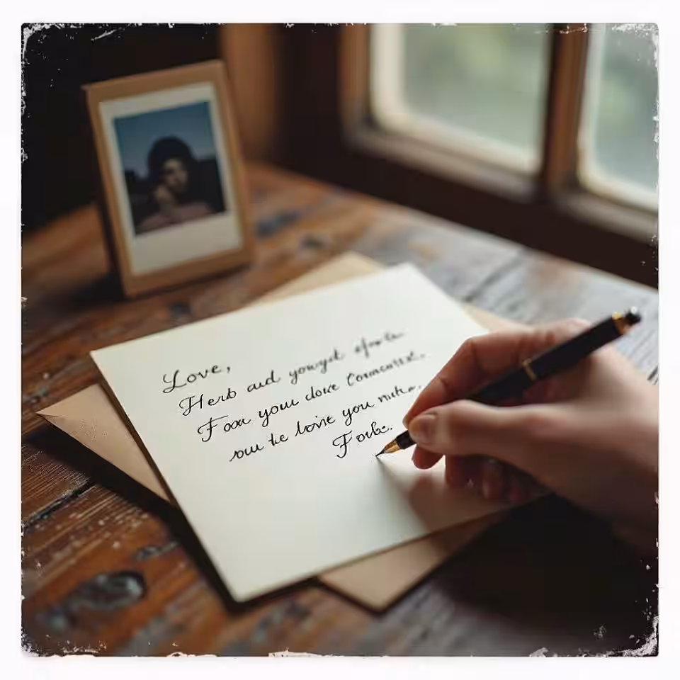 Handgeschreven liefdesbrief, retro polaroid fotografie, nostalgisch sfeer, houten tafel achtergrond, zacht natuurlijk licht verlichting, instant film esthetiek, polaroid kader, vintage filter, Instagram story formaat, nostalgische compositie, ondiepe scherptediepte, authentiek moment