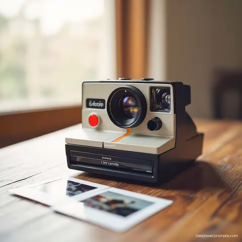 Vintage filmcamera, retro polaroid fotografie, nostalgisch sfeer, houten tafel achtergrond, zacht natuurlijk licht verlichting, instant film esthetiek, polaroid kader, vintage filter, Instagram story formaat, nostalgische compositie, ondiepe scherptediepte, authentiek moment