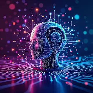 Kunstmatige intelligentie technologie, tech startup esthetiek, digitale illustratie, innovatief sfeer, gradiënt achtergrond achtergrond, zacht licht verlichting, moderne compositie, digitale elementen, professionele branding, sociale media cover lay-out, schone typografie integratie, eigentijdse ontwerp