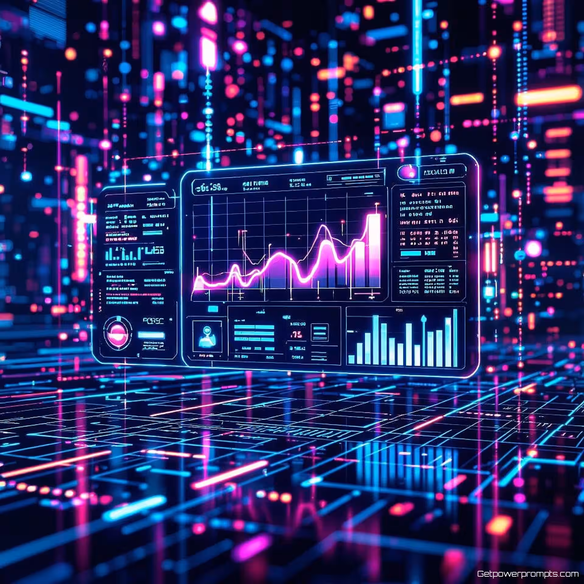 Data analyse dashboard, digitale kunst, futuristisch sfeer, futuristische abstract digitaal achtergrond, gloeiend verlichting, cyberpunk, moderne tech esthetiek, digitale elementen, gloeiende effecten, professionele compositie, sociale media cover lay-out, eigentijds ontwerp