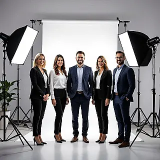 Marketingteam, professionele bedrijfsfotografie, professioneel sfeer, modern kantoor achtergrond, studio verlichting verlichting, groepscompositie, zakelijk team, professionele kleding, collaboratieve werkruimte, social media cover lay-out, authentieke corporate esthetiek