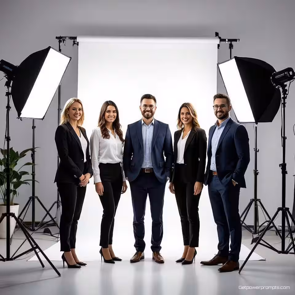 Marketingteam, professionele bedrijfsfotografie, professioneel sfeer, modern kantoor achtergrond, studio verlichting verlichting, groepscompositie, zakelijk team, professionele kleding, collaboratieve werkruimte, social media cover lay-out, authentieke corporate esthetiek