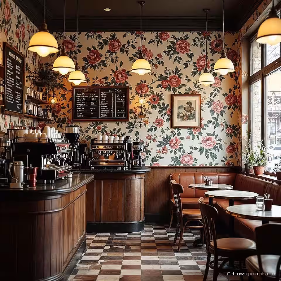 Retro koffiebar interieur, fotorealistisch, nostalgisch sfeer, vintage retro esthetiek, vintage bloemenbehang achtergrond, zacht natuurlijk licht belichting, nostalgische compositie, filmkorrel textuur, retro kleurenpalet, sociale media cover lay-out, authentieke vintage elementen