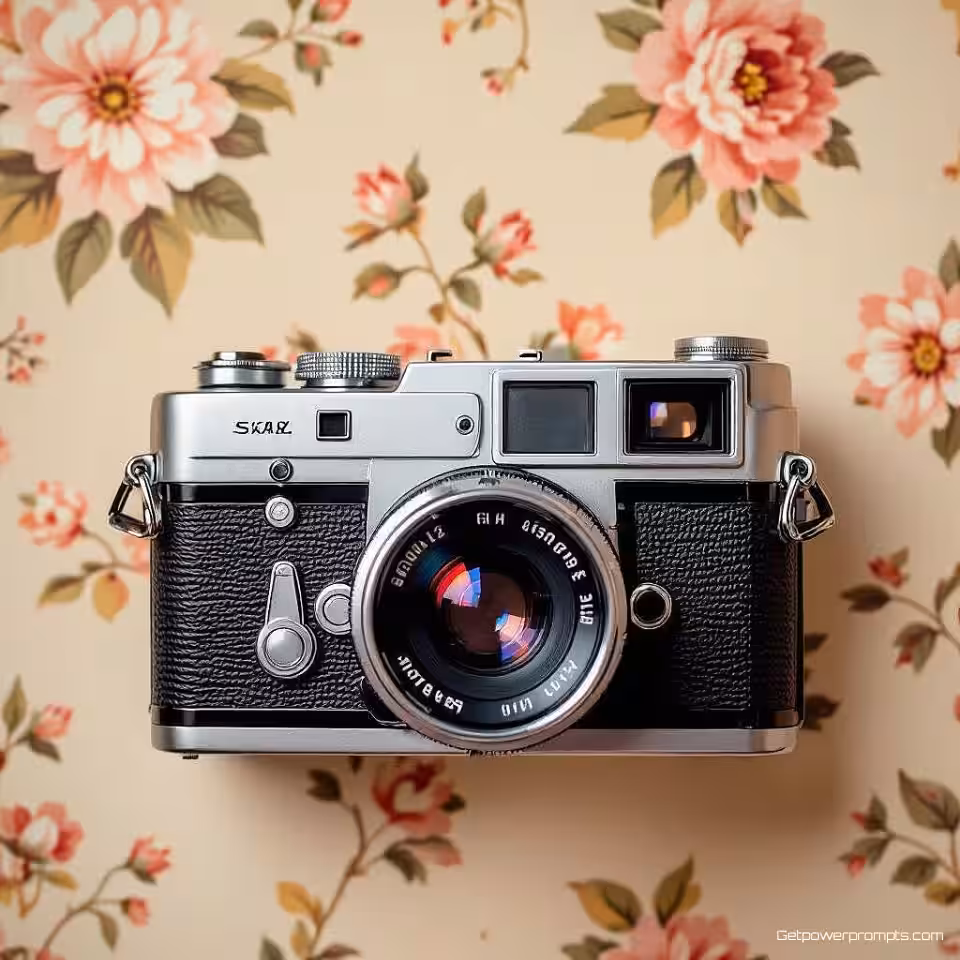 Vintage filmcamera, fotorealistisch, nostalgisch sfeer, vintage retro esthetiek, vintage bloemenbehang achtergrond, zacht natuurlijk licht belichting, nostalgische compositie, filmkorrel textuur, retro kleurenpalet, sociale media cover lay-out, authentieke vintage elementen