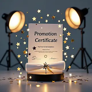 Promotie certificaat, fotorealistisch, feestelijk sfeer, effen kleur achtergrond, zacht diffuus verlichting, professionele LinkedIn vieringspost, close-up perspectief, mijlpaal markeringselementen, prestatievisualisatie, moderne zakelijke esthetiek, schoon professioneel ontwerp, carrièreprestatie visueel