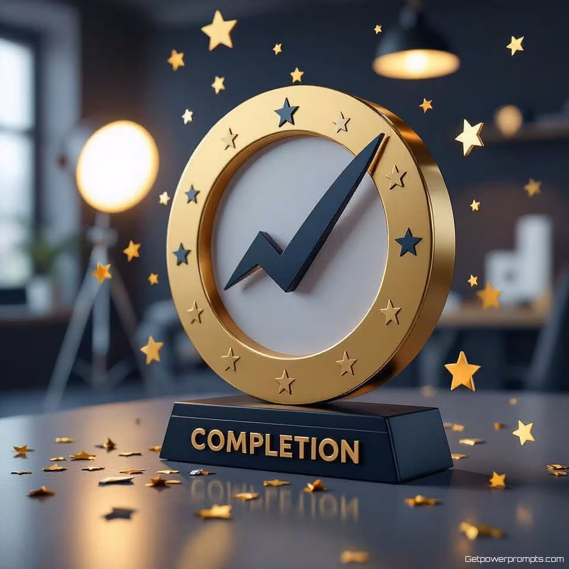 Projectvoltooiing symbool, fotorealistisch, feestelijk sfeer, effen kleur achtergrond, zacht diffuus verlichting, professionele LinkedIn vieringspost, close-up perspectief, mijlpaal markeringselementen, prestatievisualisatie, moderne zakelijke esthetiek, schoon professioneel ontwerp, carrièreprestatie visueel