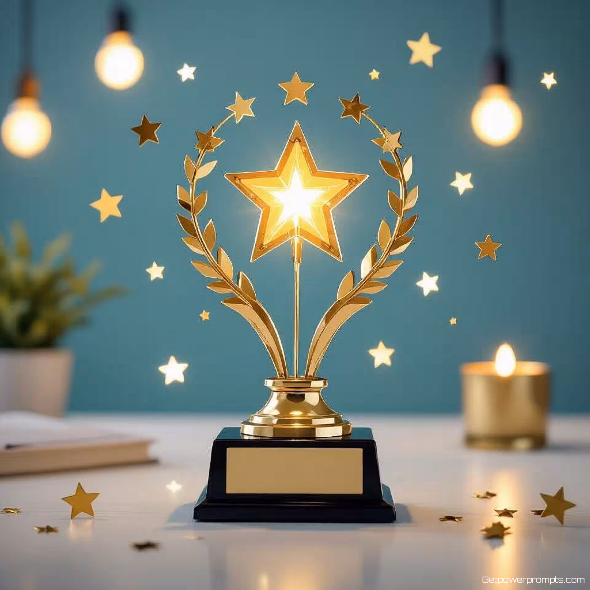 Werkjubileum trofee, fotorealistisch, feestelijk sfeer, effen kleur achtergrond, zacht diffuus verlichting, professionele LinkedIn vieringspost, close-up perspectief, mijlpaal markeringselementen, prestatievisualisatie, moderne zakelijke esthetiek, schoon professioneel ontwerp, carrièreprestatie visueel