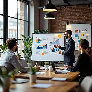 Kwartaal zakelijke planningssessie, fotorealistisch, professioneel sfeer, minimalistische achtergrond achtergrond, zacht daglicht verlichting, professionele LinkedIn post, strategische planning visualisatie, close-up perspectief perspectief, moderne zakelijke vergadering, whiteboard elementen, collaboratieve besluitvorming, schone corporate esthetiek