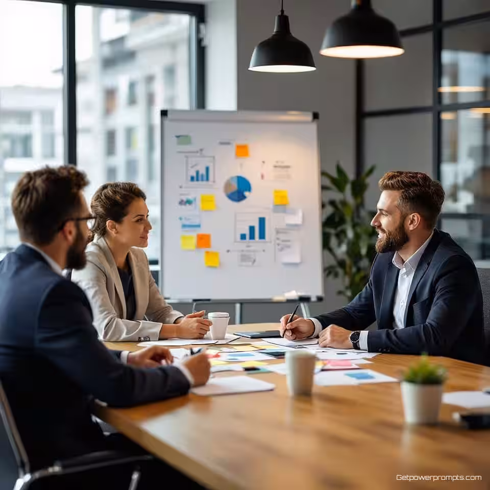 Team strategische planningsbijeenkomst, fotorealistisch, professioneel sfeer, minimalistische achtergrond achtergrond, zacht daglicht verlichting, professionele LinkedIn post, strategische planning visualisatie, close-up perspectief perspectief, moderne zakelijke vergadering, whiteboard elementen, collaboratieve besluitvorming, schone corporate esthetiek