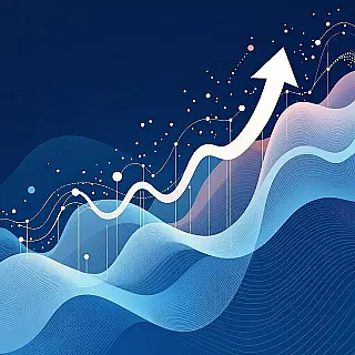 Zakelijk groeiconcept, digitale kunst, inspirerend sfeer, effen kleur achtergrond, blauwe tinten, abstracte visualisatie van zakelijke groei, professionele LinkedIn header, moderne zakelijke esthetiek, schone compositie, vloeiende organische patronen, thema van opwaartse beweging, subtiele gradiëntovergangen