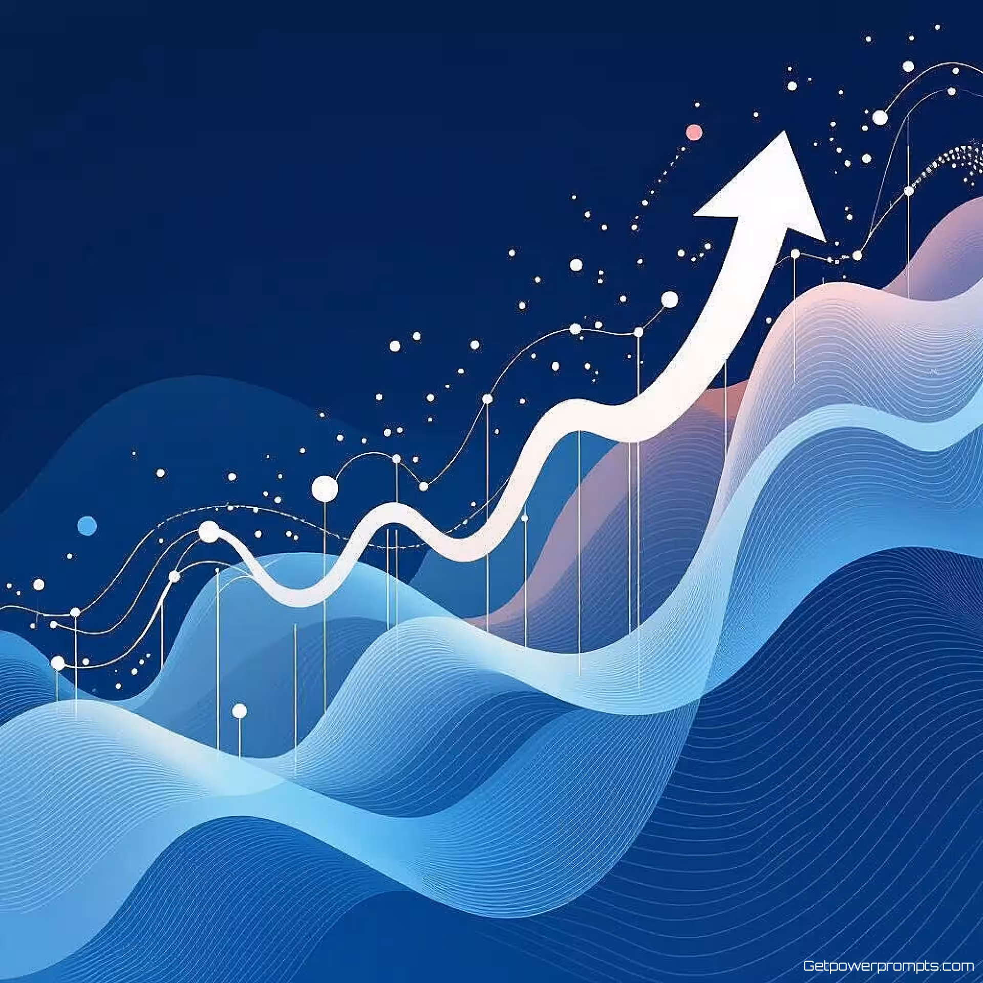 Zakelijk groeiconcept, digitale kunst, inspirerend sfeer, effen kleur achtergrond, blauwe tinten, abstracte visualisatie van zakelijke groei, professionele LinkedIn header, moderne zakelijke esthetiek, schone compositie, vloeiende organische patronen, thema van opwaartse beweging, subtiele gradiëntovergangen