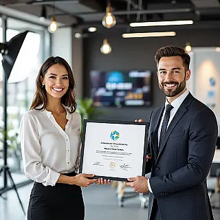 Award presentatie ceremonie, fotorealistisch, inspirerend sfeer, kantoor setting achtergrond, zacht natuurlijk licht verlichting, professionele prestatie scène, mijlpaal viering esthetiek, authentiek zakelijk moment, schone compositie, professionele LinkedIn header, zakelijk succes thema, subtiele feestelijke elementen