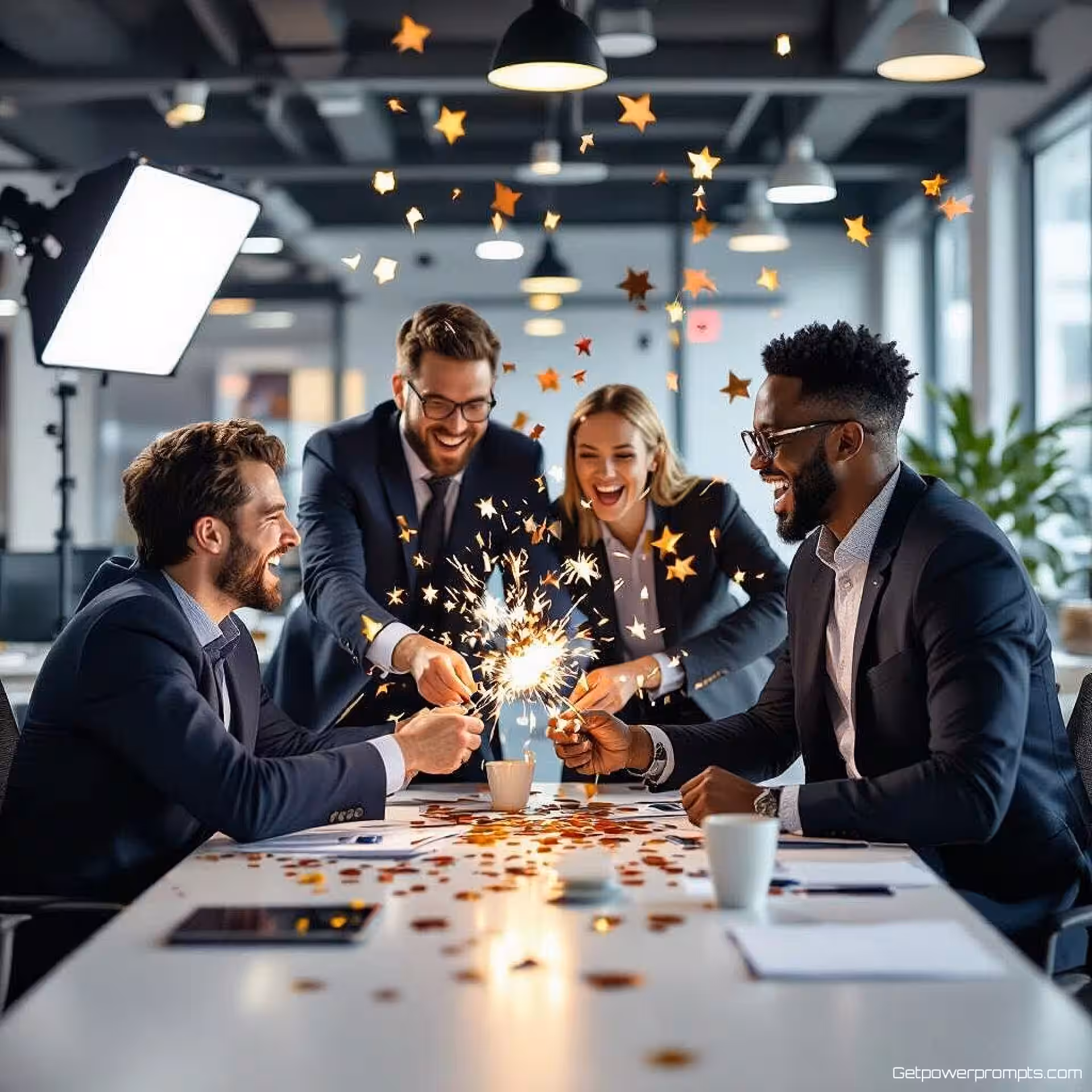 Team viering moment, fotorealistisch, inspirerend sfeer, kantoor setting achtergrond, zacht natuurlijk licht verlichting, professionele prestatie scène, mijlpaal viering esthetiek, authentiek zakelijk moment, schone compositie, professionele LinkedIn header, zakelijk succes thema, subtiele feestelijke elementen