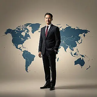 Internationale zakelijke directeur, fotorealistisch, professioneel sfeer, subtiel verloop achtergrond, zachte verlichting verlichting, wereldwijd zakelijk concept, professionele LinkedIn header, internationale zakelijke esthetiek, schone compositie, wereldkaart elementen, subtiele culturele verwijzingen, professioneel netwerken over grenzen