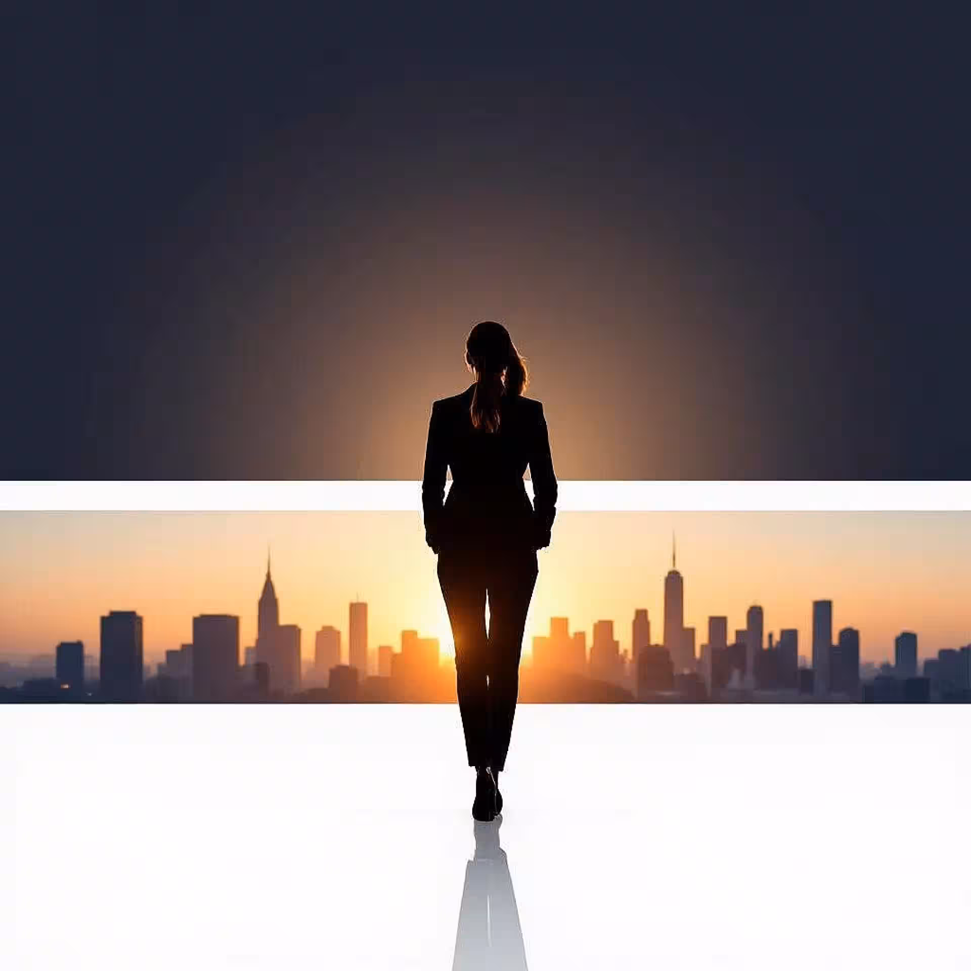 Zakelijke professionele silhouet, fotorealistisch, professioneel sfeer, gradiënt achtergrond, zacht belichting, stedelijke skyline achtergrond, professionele LinkedIn header, zakelijke esthetiek, schone compositie, moderne werkomgeving, stadsgezicht elementen, professioneel netwerken thema
