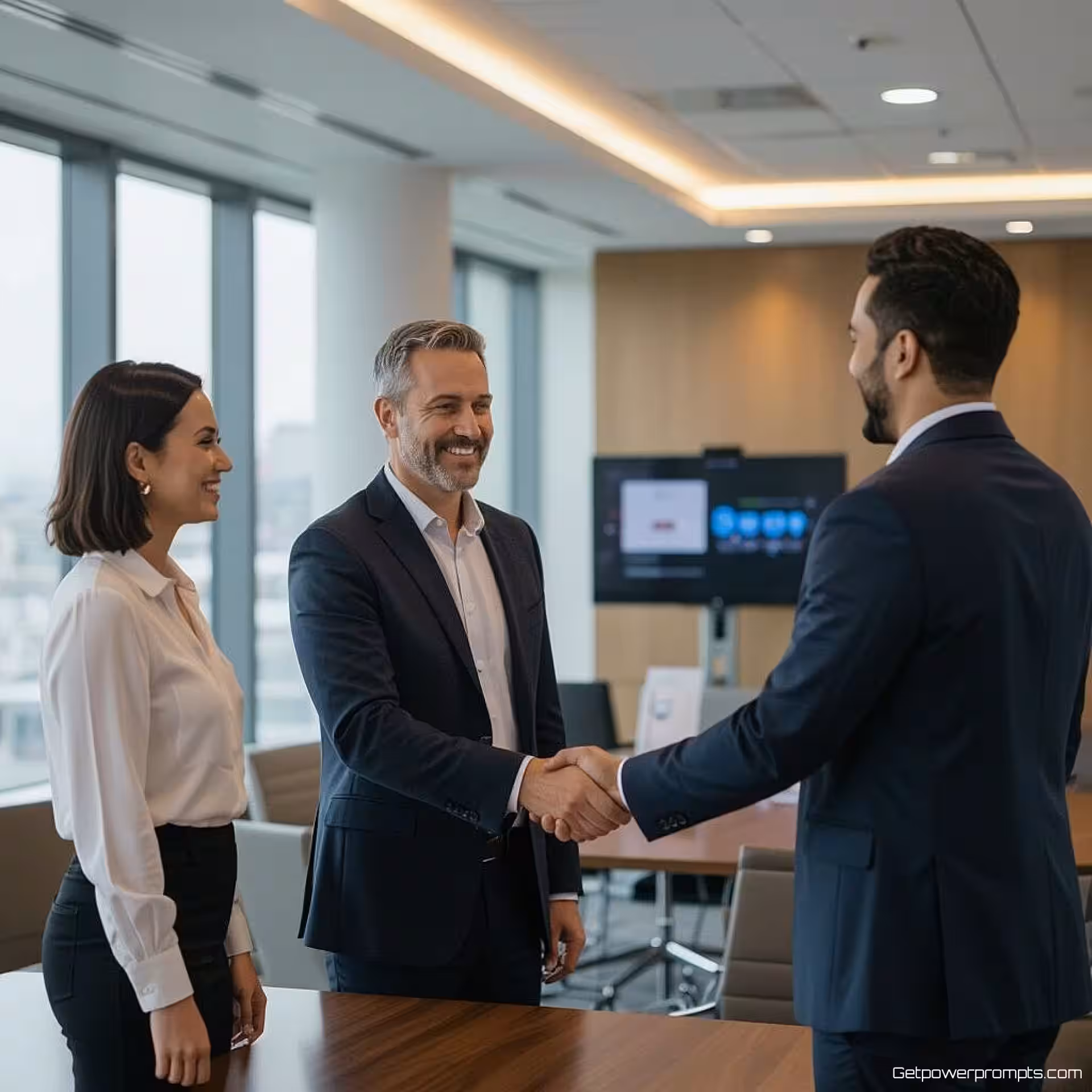 Directeuren die handen schudden op conferentie, fotorealistisch, professioneel sfeer, modern conferentiecentrum achtergrond, zacht natuurlijk licht verlichting, professioneel netwerkevenement scène, zakelijke professionals die contact leggen, authentieke interacties, moderne conferentieomgeving, professionele LinkedIn header, zakelijk netwerkthema, natuurlijk perspectief, spontane zakelijke momenten
